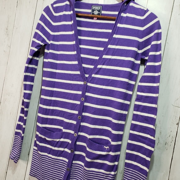 Pink Victorias Secret Purple White Striped Hooded - Picture 2 of 7